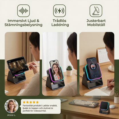Multifunktionell Bluetooth-högtalare – med ljus, trådlös laddningsfunktion och justerbart mobilställ
