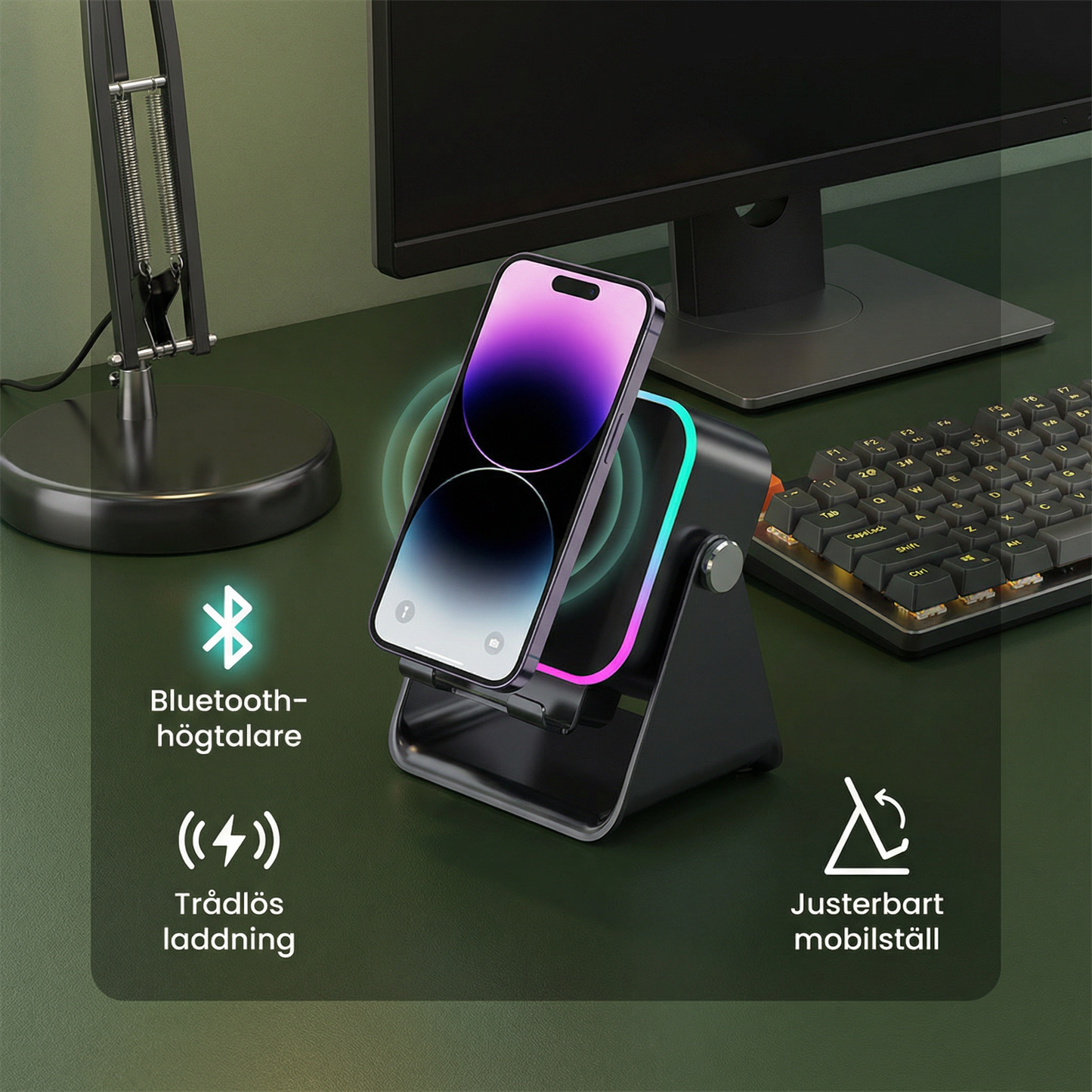Multifunktionell Bluetooth-högtalare – med ljus, trådlös laddningsfunktion och justerbart mobilställ