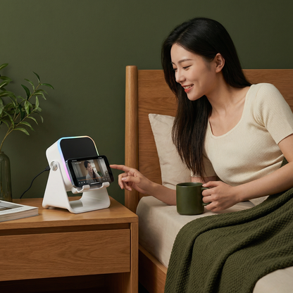 Multifunktionell Bluetooth-högtalare – med ljus, trådlös laddningsfunktion och justerbart mobilställ