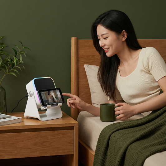 Multifunktionell Bluetooth-högtalare – med ljus, trådlös laddningsfunktion och justerbart mobilställ
