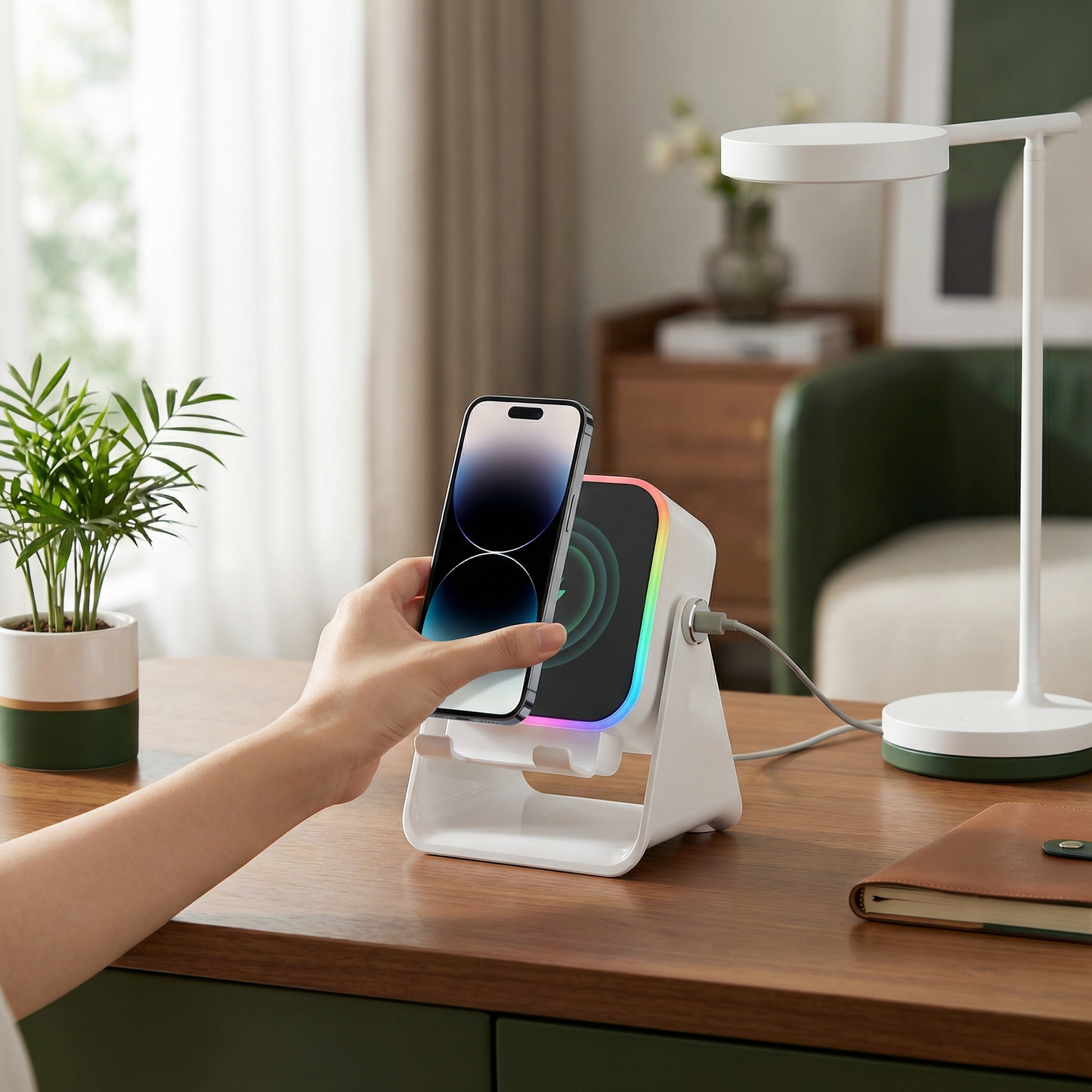 Multifunktionell Bluetooth-högtalare – med ljus, trådlös laddningsfunktion och justerbart mobilställ