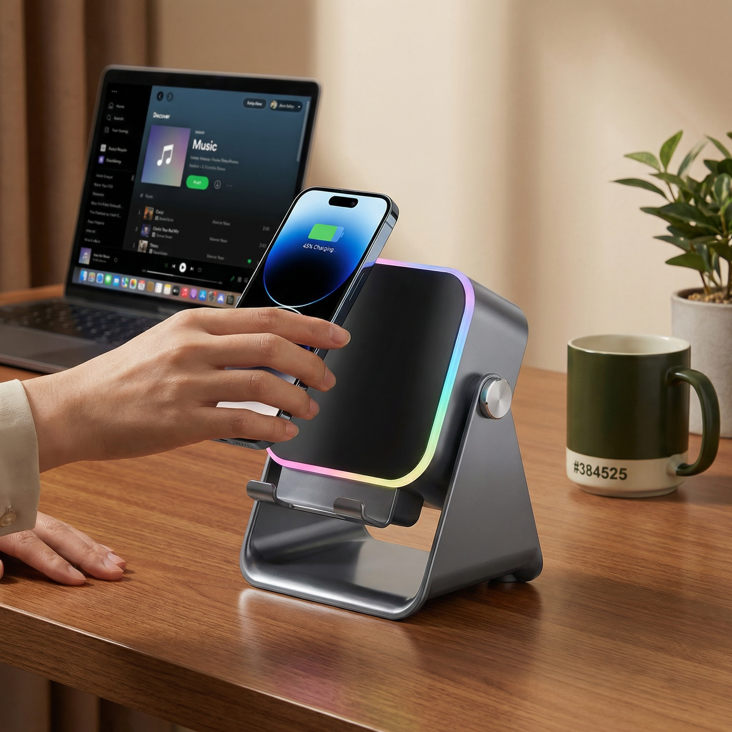 Multifunktionell Bluetooth-högtalare – med ljus, trådlös laddningsfunktion och justerbart mobilställ