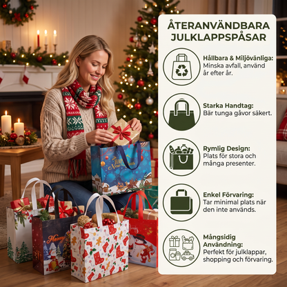 Återanvändbara julklappspåsar med handtag – olika festliga motiv