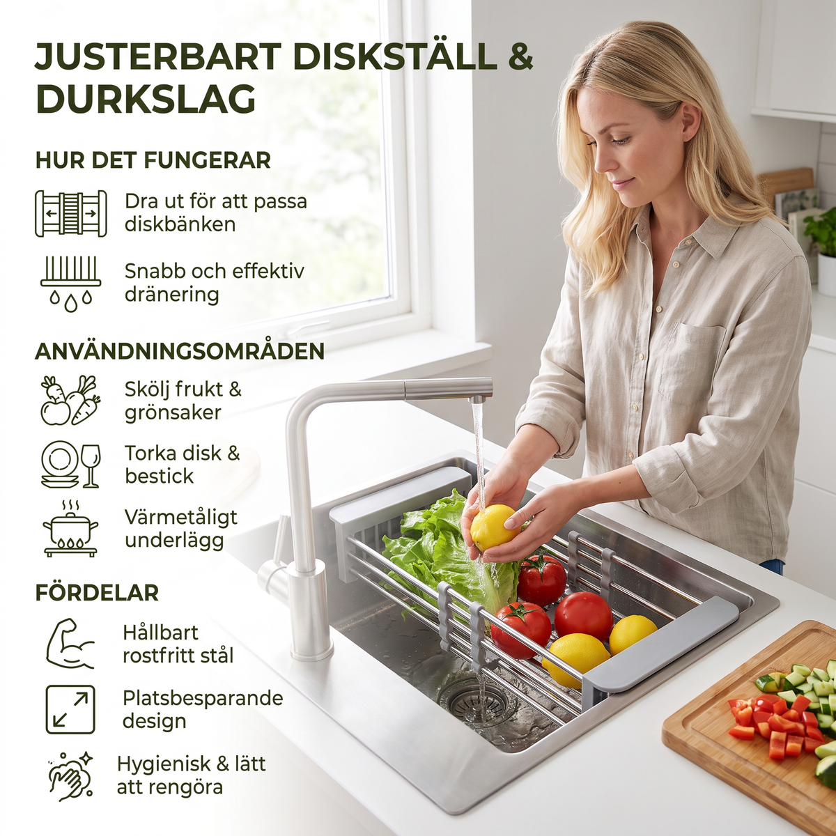 Justerbart diskställ över diskhon & durkslag för frukt och grönsaker