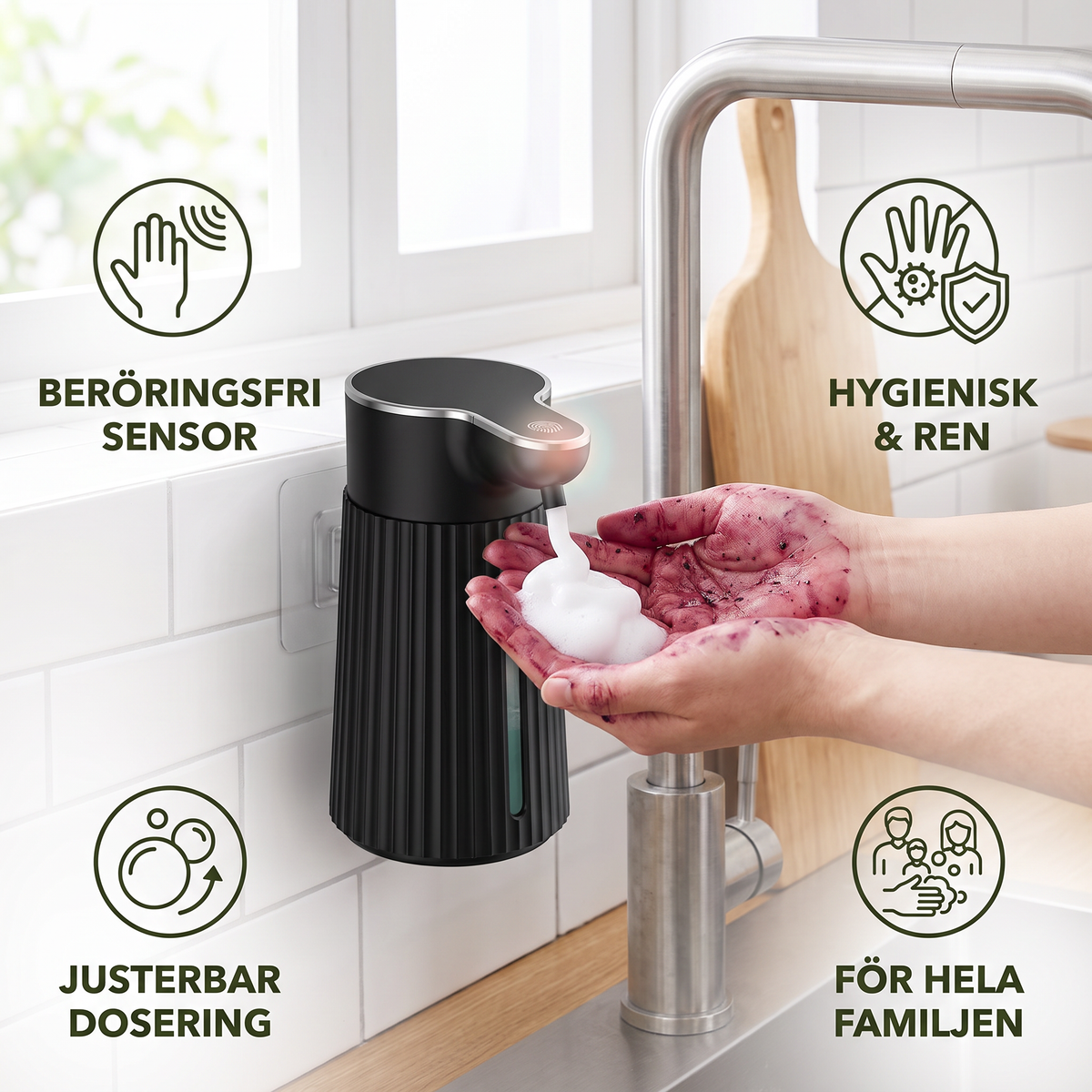 Beröringsfri automatisk tvåldispenser med sensor och justerbar dosering