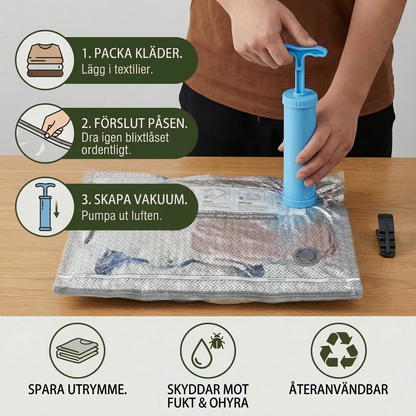 Reseset med vakuumförvaringspåsar med uppladdningsbar luftpump
