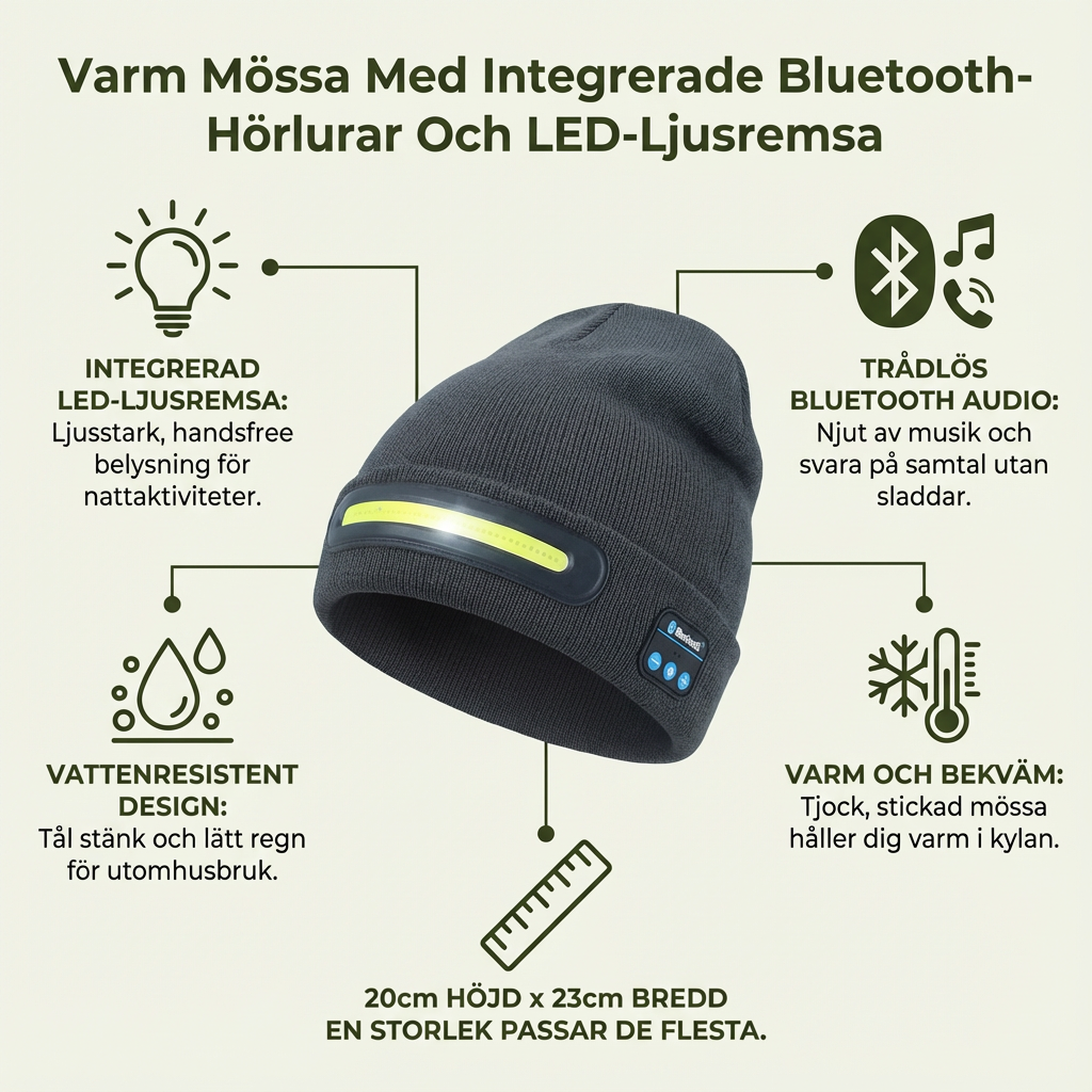 Varm Mössa Med Inbyggda Bluetooth-Hörlurar Och LED-Ljuslist