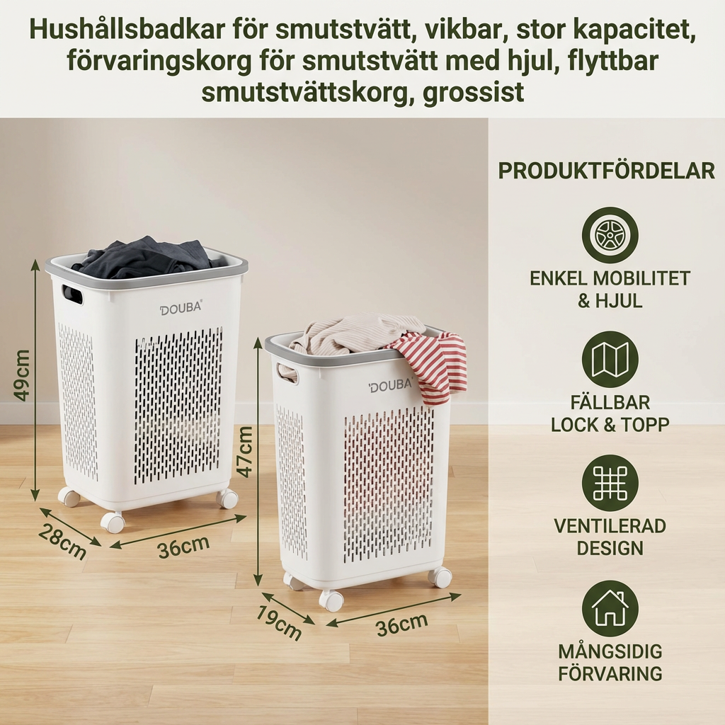 Hopfällbar Tvättkorg med Hjul