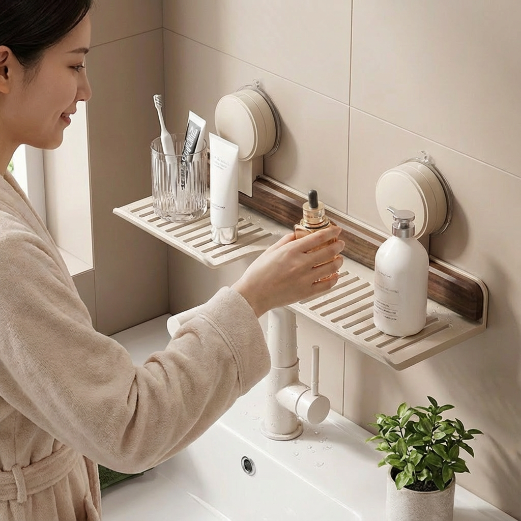 Badrum Sugkopp Tvättställshylla i Valnötsdesign