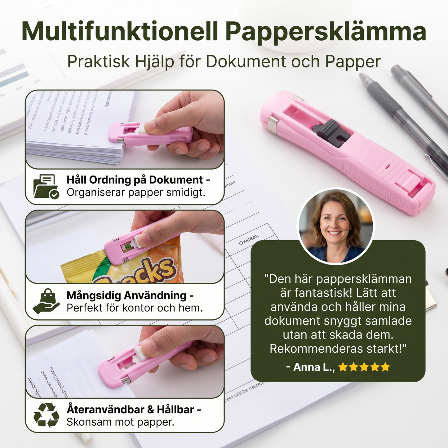Multifunktionell Pappersklämma – Praktisk Hjälp för Dokument och Papper