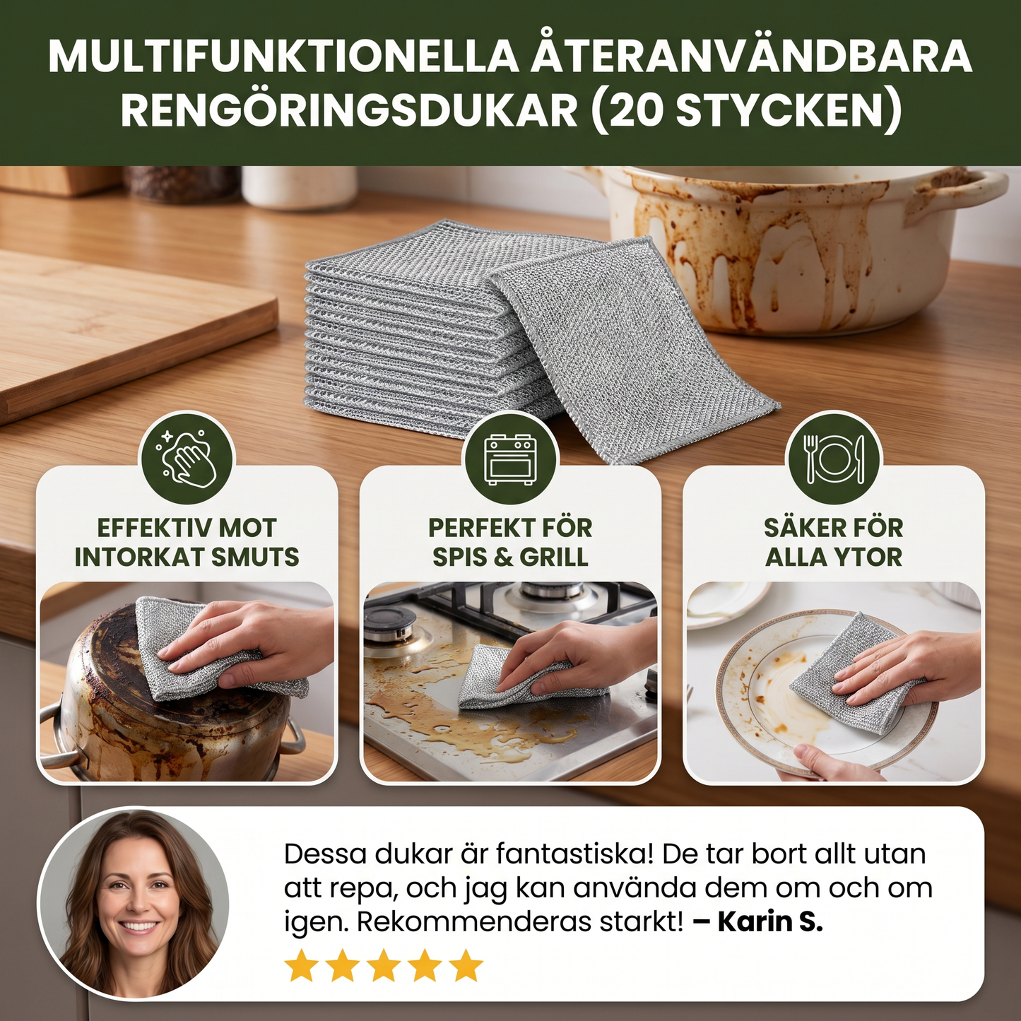 Multifunktionella Återanvändbara Rengöringsdukar – För Tallrikar, Kök, Spis och Grill (20 Stycken)