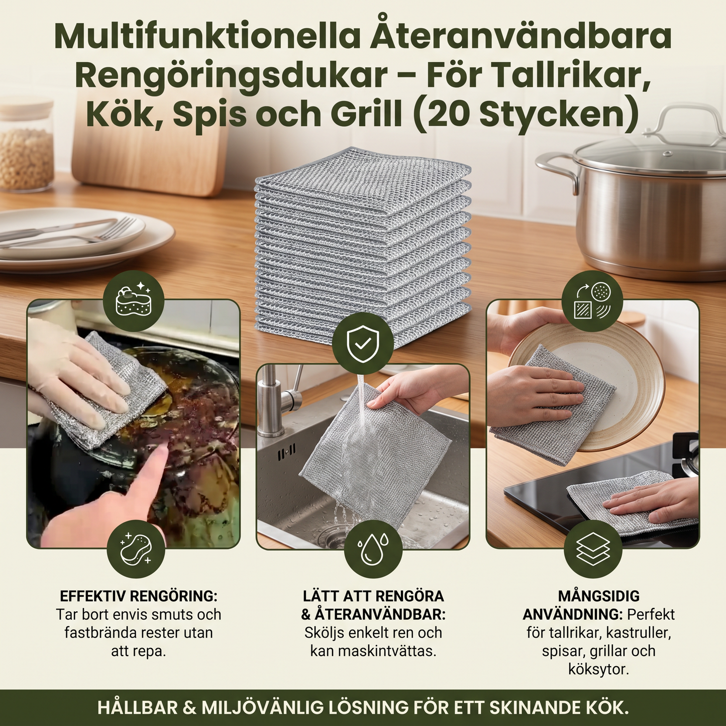 Multifunktionella Återanvändbara Rengöringsdukar – För Tallrikar, Kök, Spis och Grill (20 Stycken)