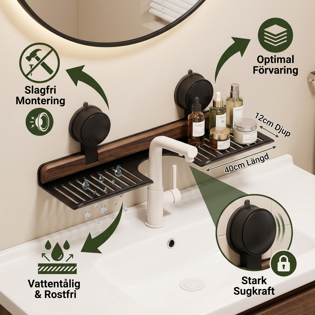 Badrum Sugkopp Tvättställshylla i Valnötsdesign