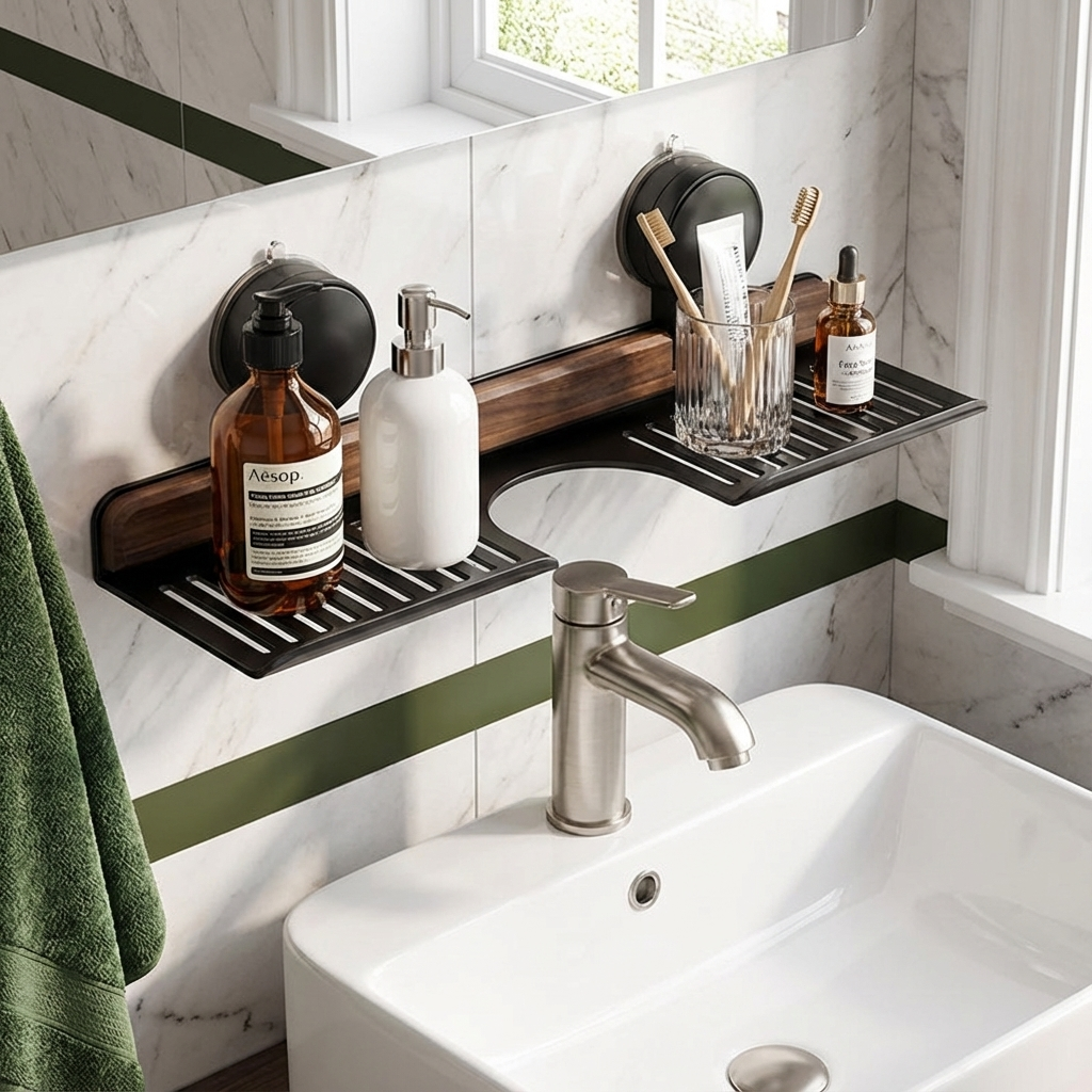 Badrum Sugkopp Tvättställshylla i Valnötsdesign