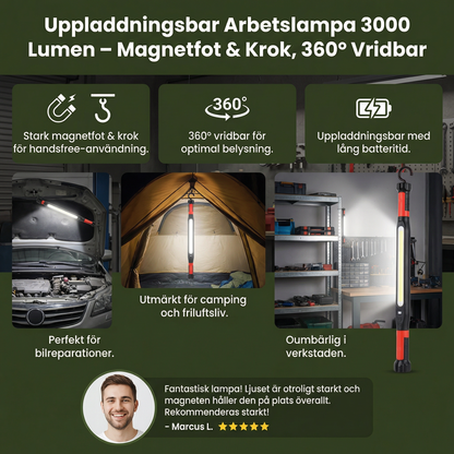 Uppladdningsbar arbetslampa 3000 lumen – magnetfot & krok, 360° vridbar