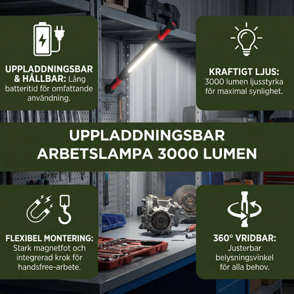 Uppladdningsbar arbetslampa 3000 lumen – magnetfot & krok, 360° vridbar
