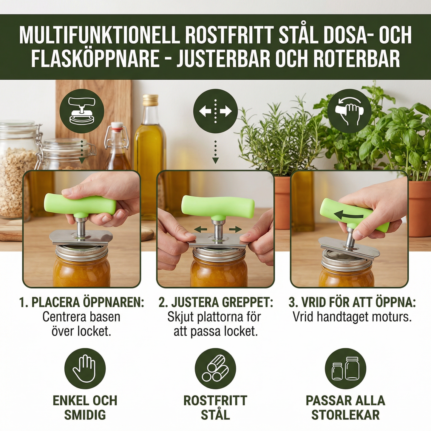 Multifunktionell Också Tillverkad av Rostfritt Stål Dosa- och Flasköppnare – Justerbar och Rotationsbar