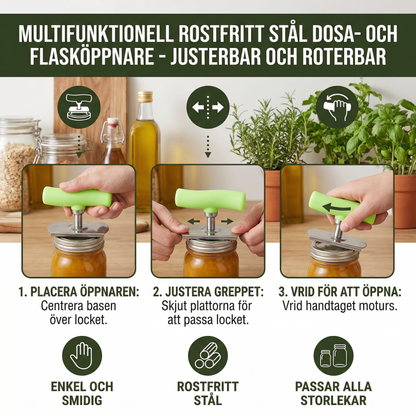 Multifunktionell Också Tillverkad av Rostfritt Stål Dosa- och Flasköppnare – Justerbar och Rotationsbar
