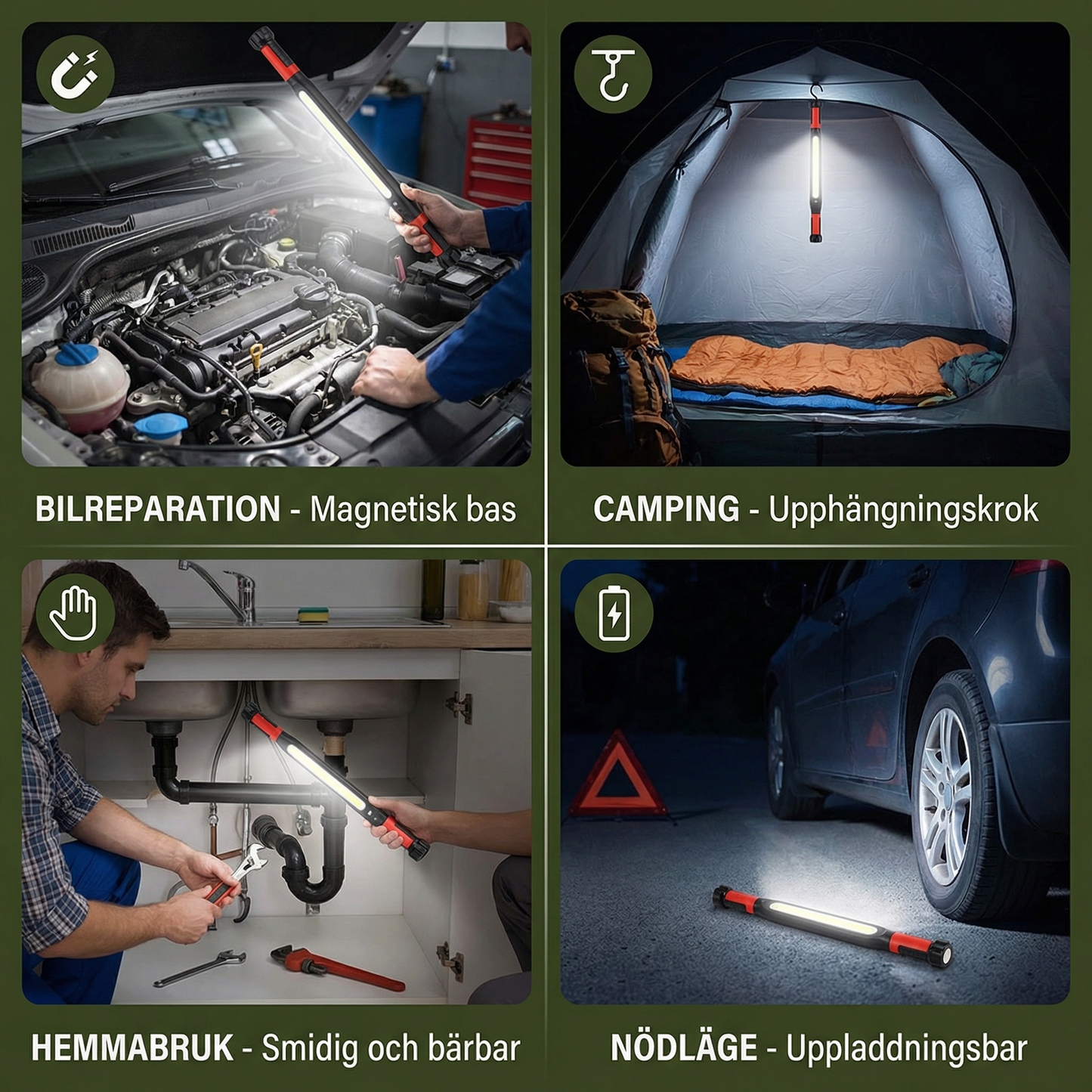 Uppladdningsbar arbetslampa 3000 lumen – magnetfot & krok, 360° vridbar