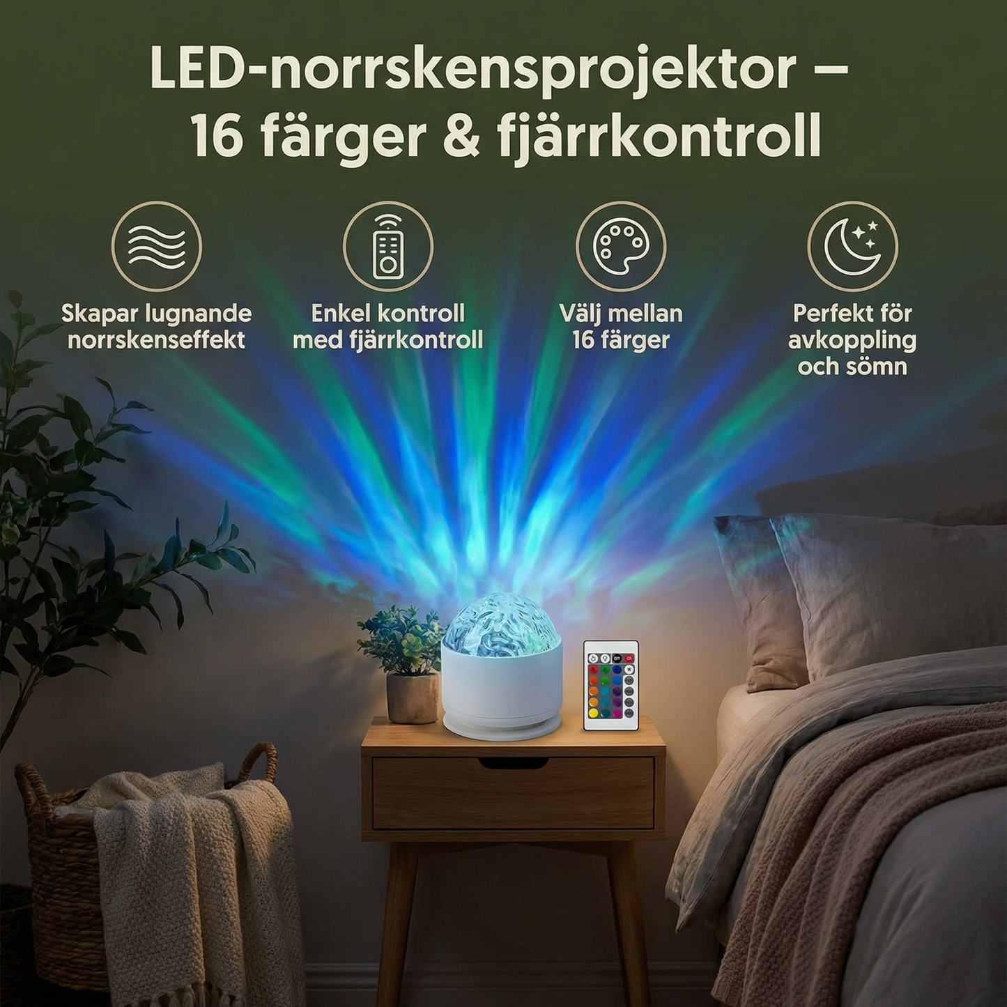 LED-norrskensprojektor – 16 färger & fjärrkontroll