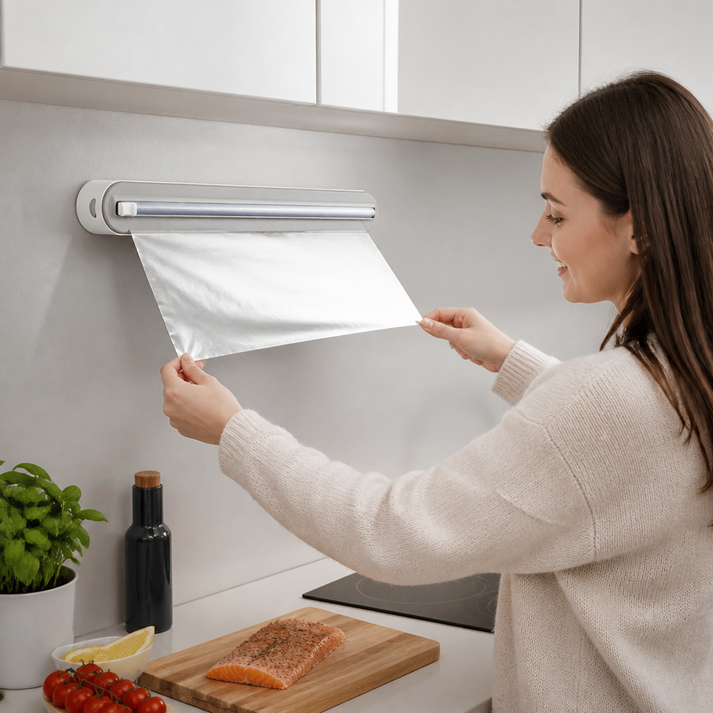 Magnetisk Väggmonterad Dispenser För Aluminiumfolie Och Plastfolie Med Säkerhetsskärare