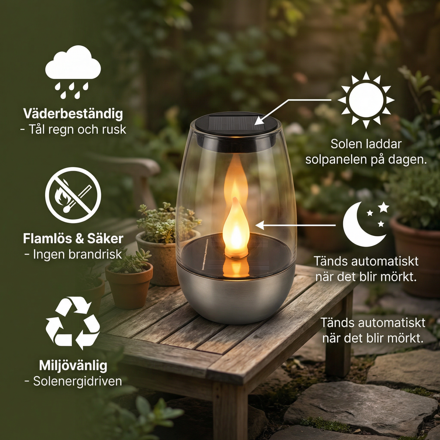 LED-solcellsljus – flamlös och väderbeständig för utomhusbruk