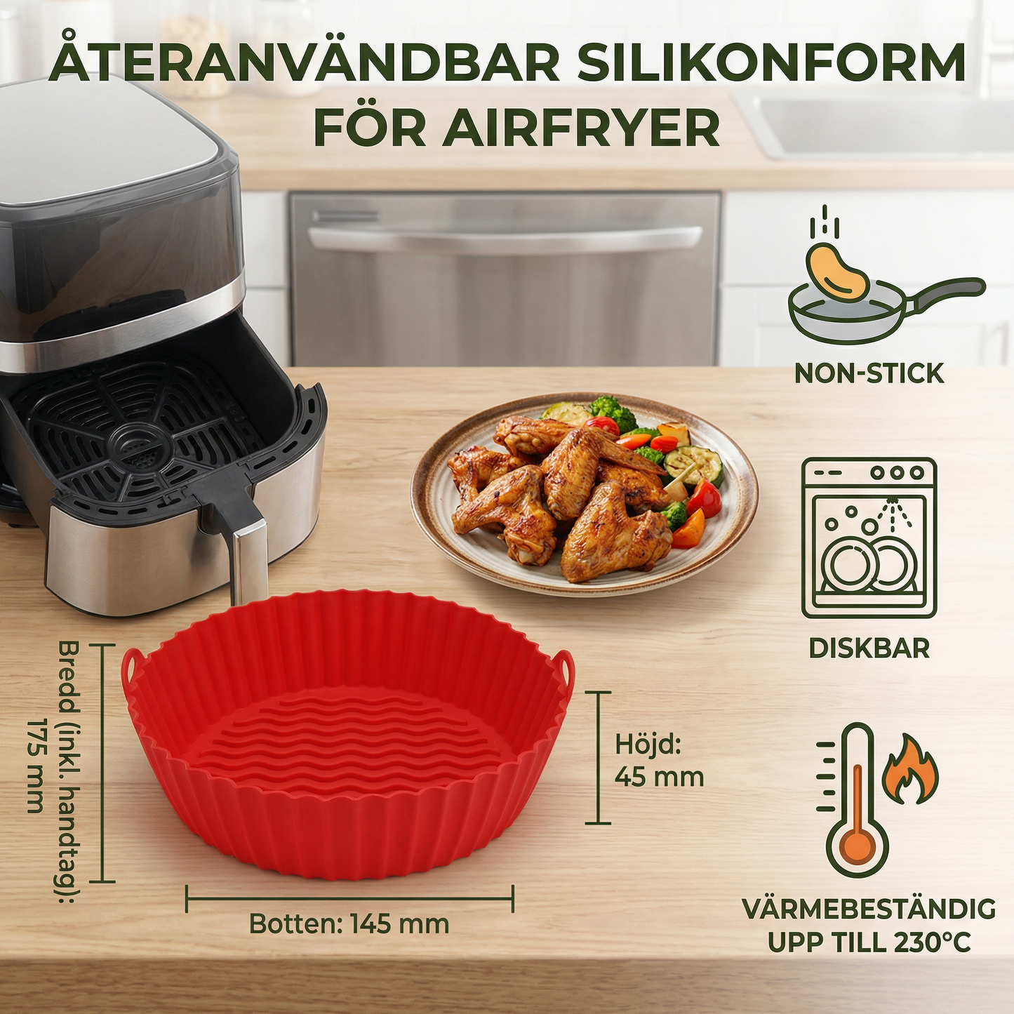 Återanvändbar non-stick silikonform för airfryer