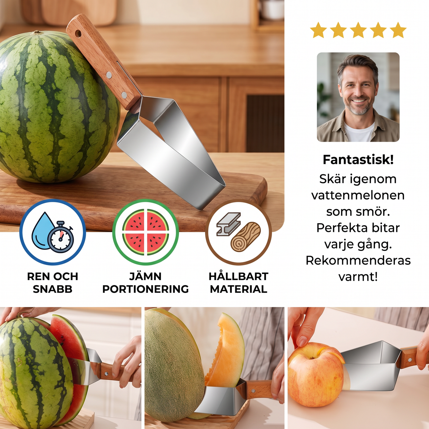 Stålslicer för Vattenmelon med Trähandtag – Ren och Snabb Portionering