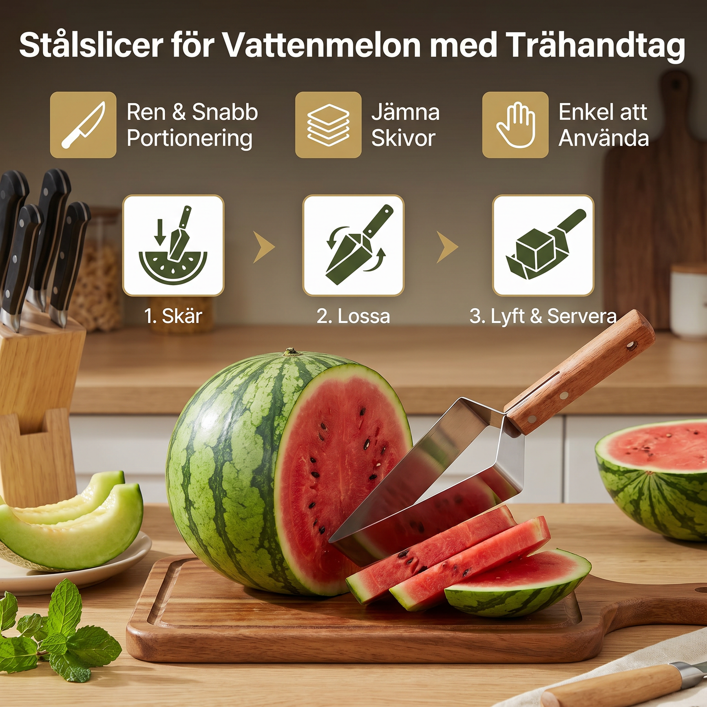 Stålslicer för Vattenmelon med Trähandtag – Ren och Snabb Portionering