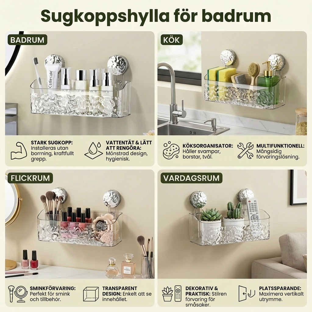 Sugkoppshylla för badrum