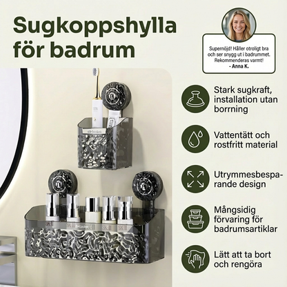 Sugkoppshylla för badrum