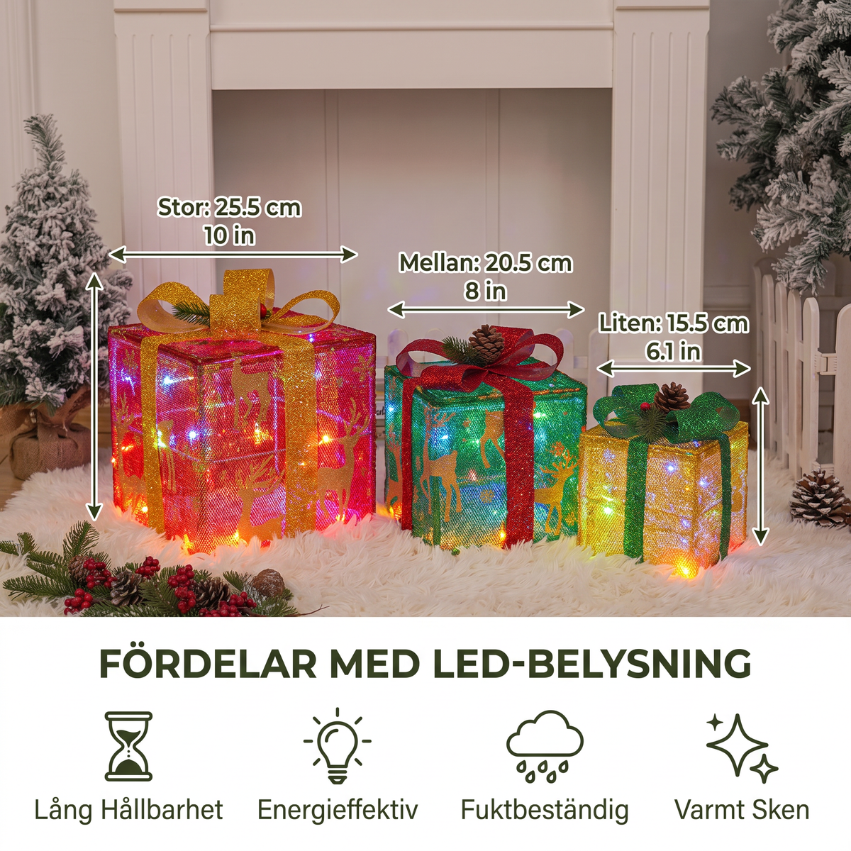 Set med 3 LED-upplysta julklappslådor för dekoration