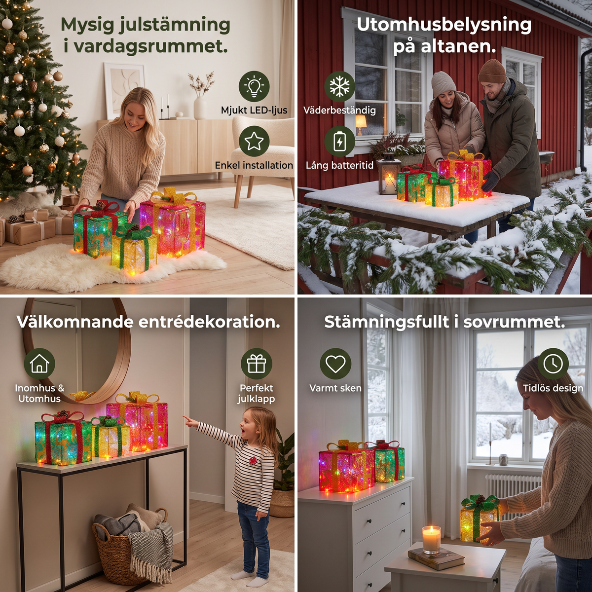 Set med 3 LED-upplysta julklappslådor för dekoration