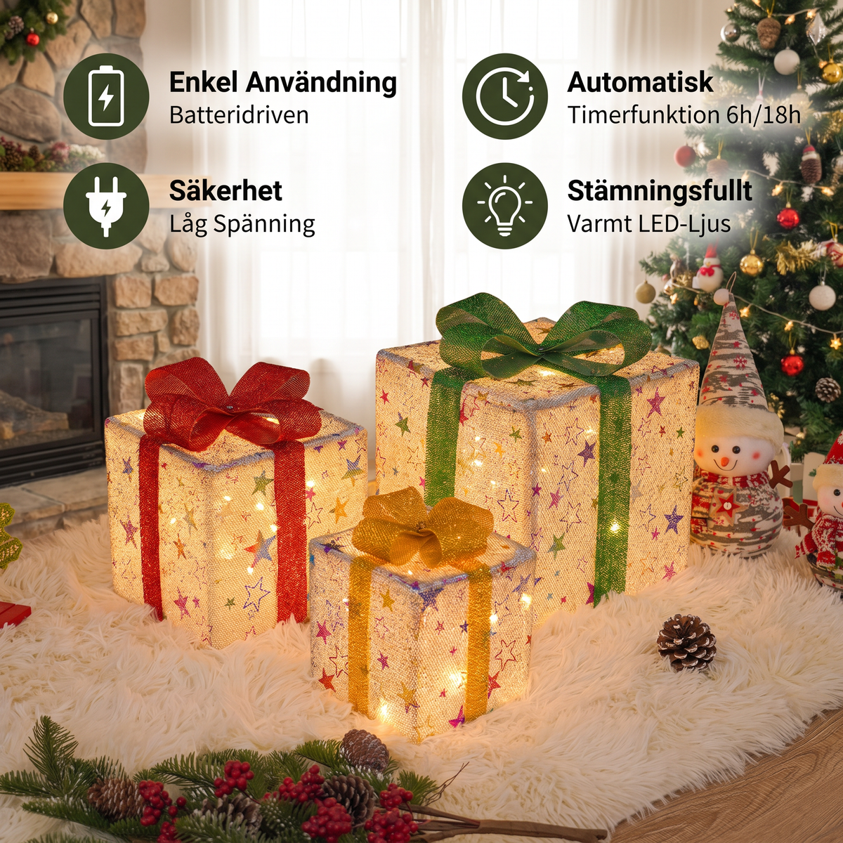 Set med 3 LED-upplysta julklappslådor för dekoration