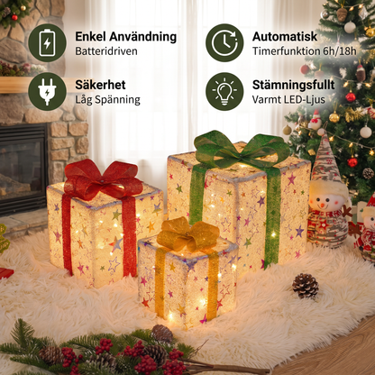 Set med 3 LED-upplysta julklappslådor för dekoration