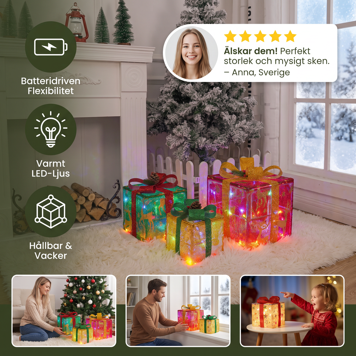 Set med 3 LED-upplysta julklappslådor för dekoration