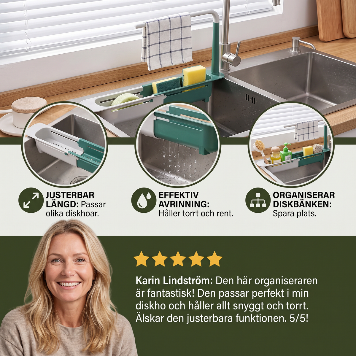 Justerbar teleskopisk diskbänksorganisator med avrinning och handdukshållare