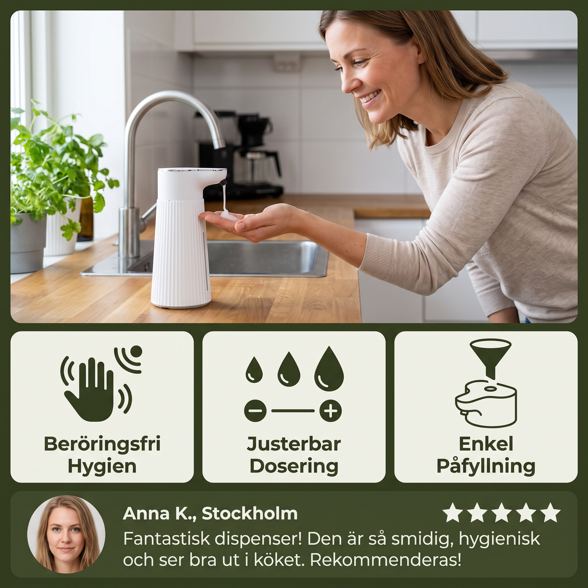 Beröringsfri automatisk tvåldispenser med sensor och justerbar dosering