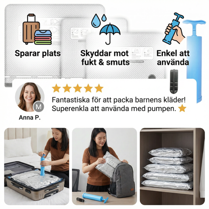 Reseset med vakuumförvaringspåsar med uppladdningsbar luftpump