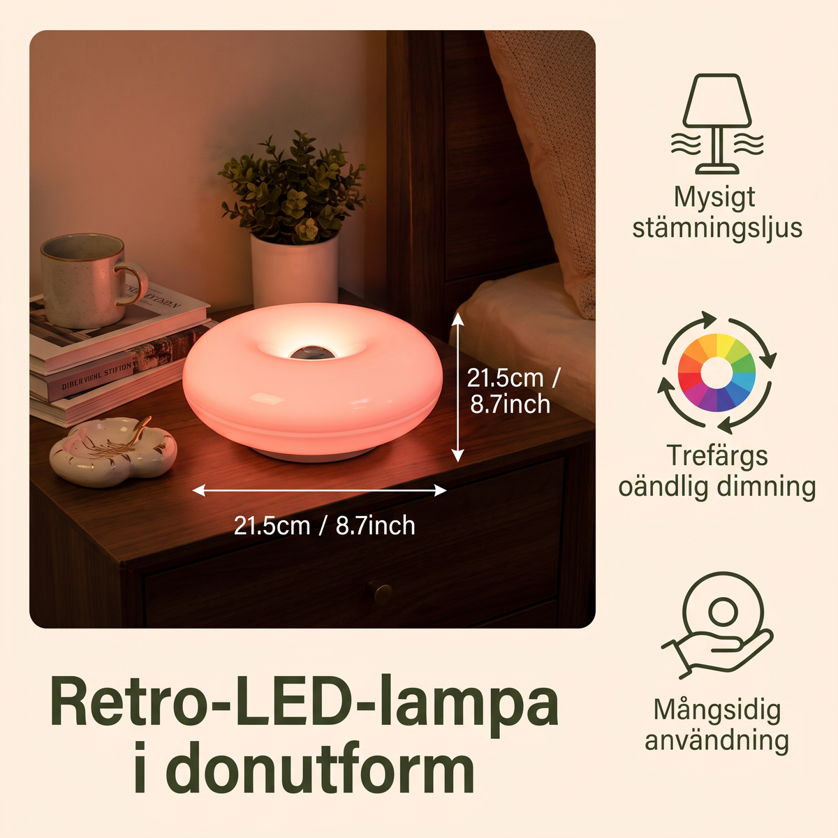 Retro-LED-lampa i donutform med mysigt stämningsljus