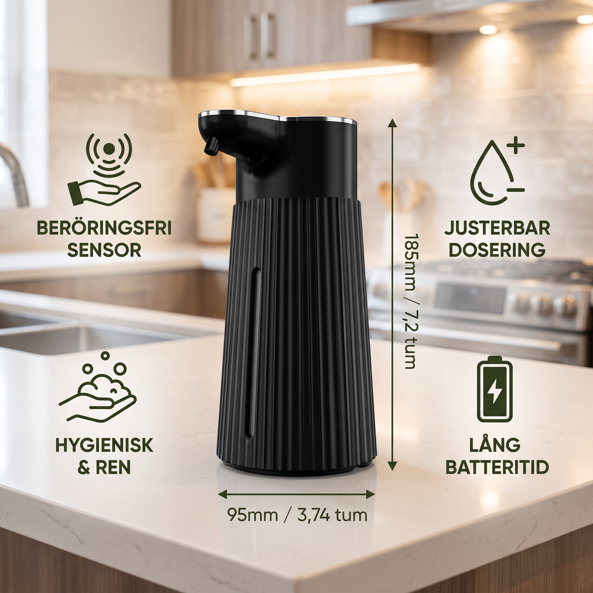 Beröringsfri automatisk tvåldispenser med sensor och justerbar dosering