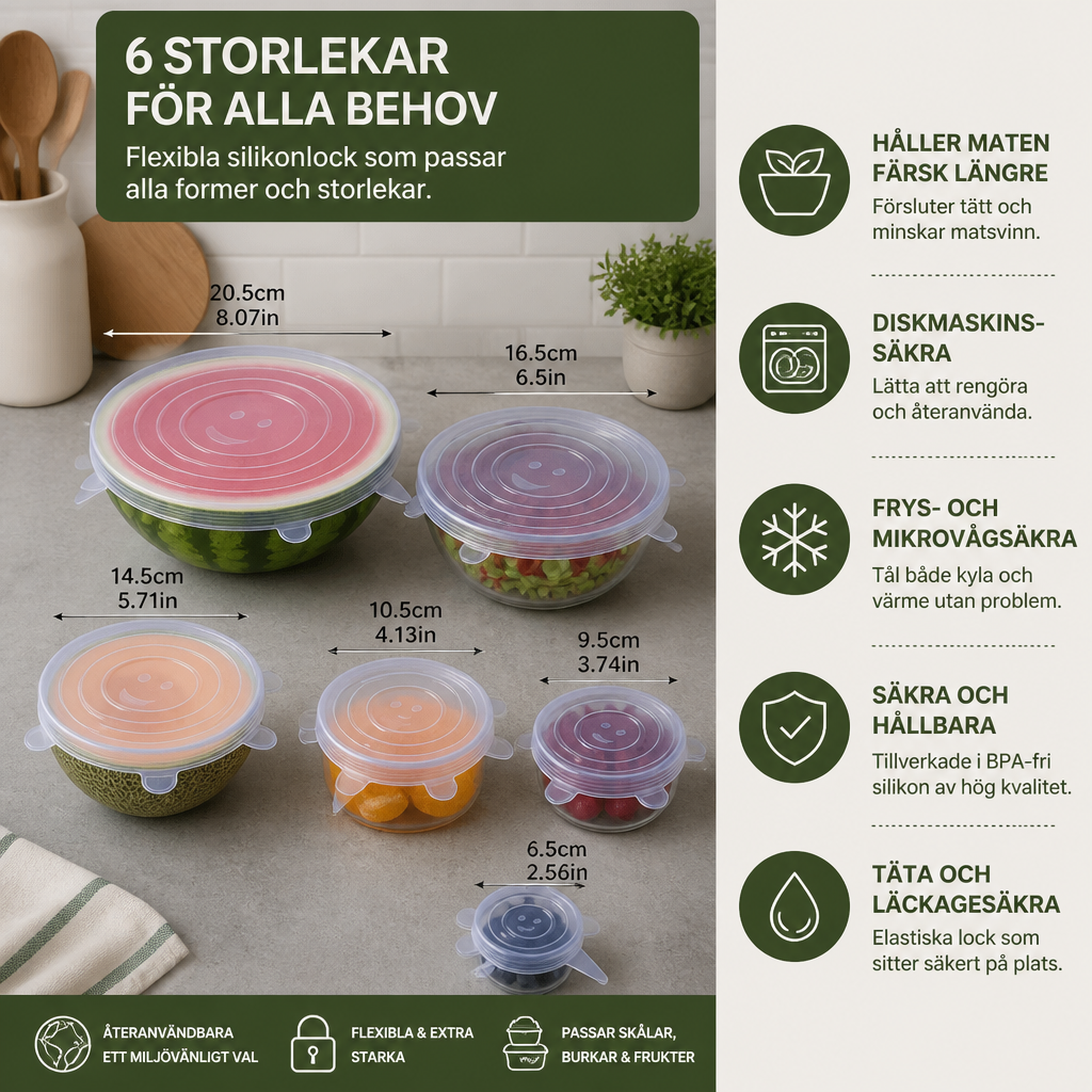 6-delat set med silikonlock – Återanvändbara BPA-fria matöverdrag