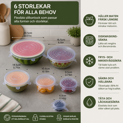 6-delat set med silikonlock – Återanvändbara BPA-fria matöverdrag
