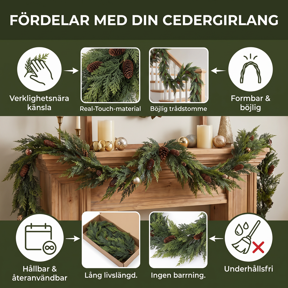 Real-Touch konstgjord ceder- och tallgirlang med kottar – Juldekoration