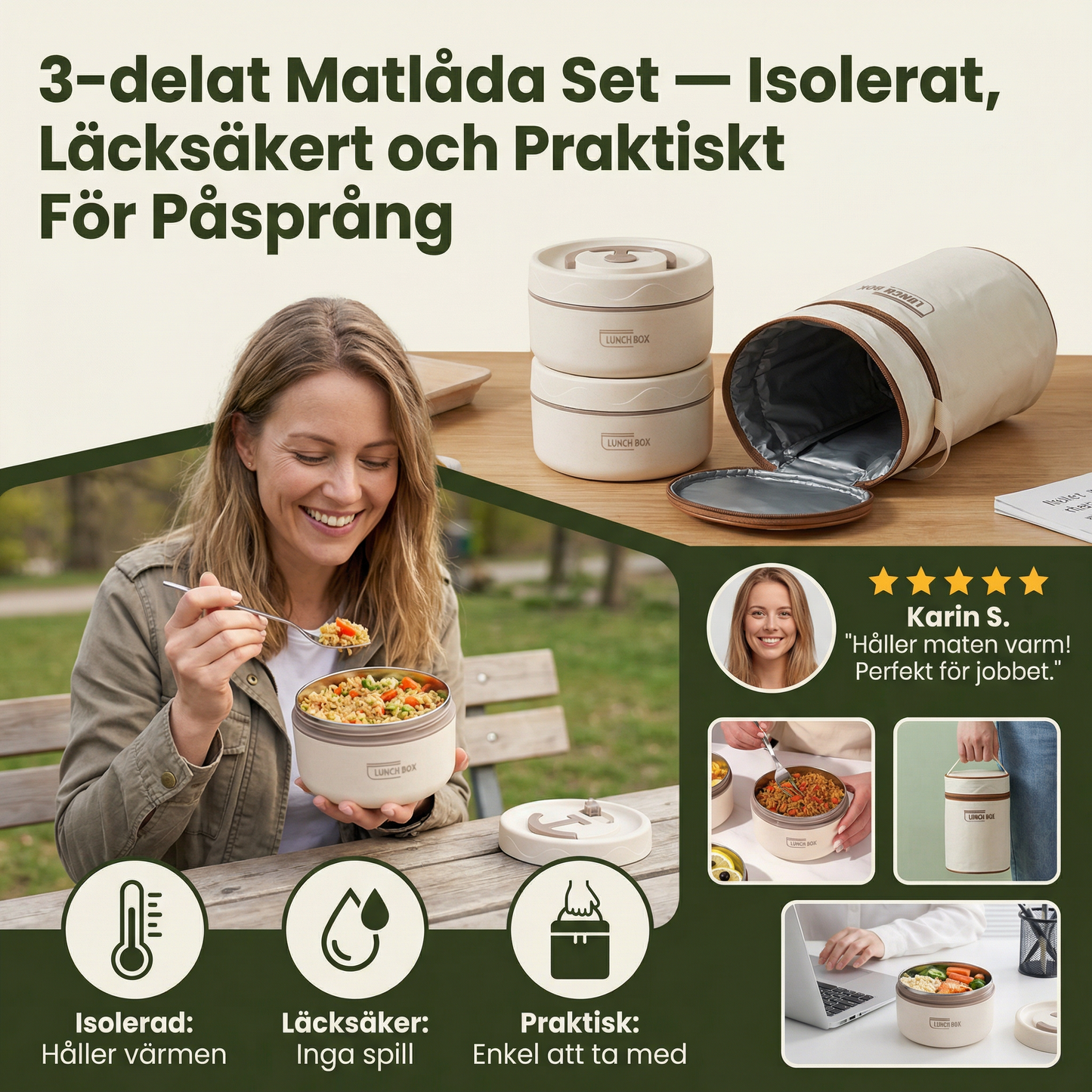 3-delat Matlåda Set – Isolerat, Läcksäkert och Praktiskt För Påsprång