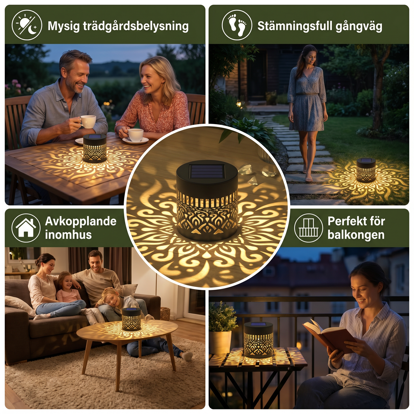 Färgglad soldriven mandala-trädgårdslampa – vattentät LED-väggprojektionslykta för utomhusbruk