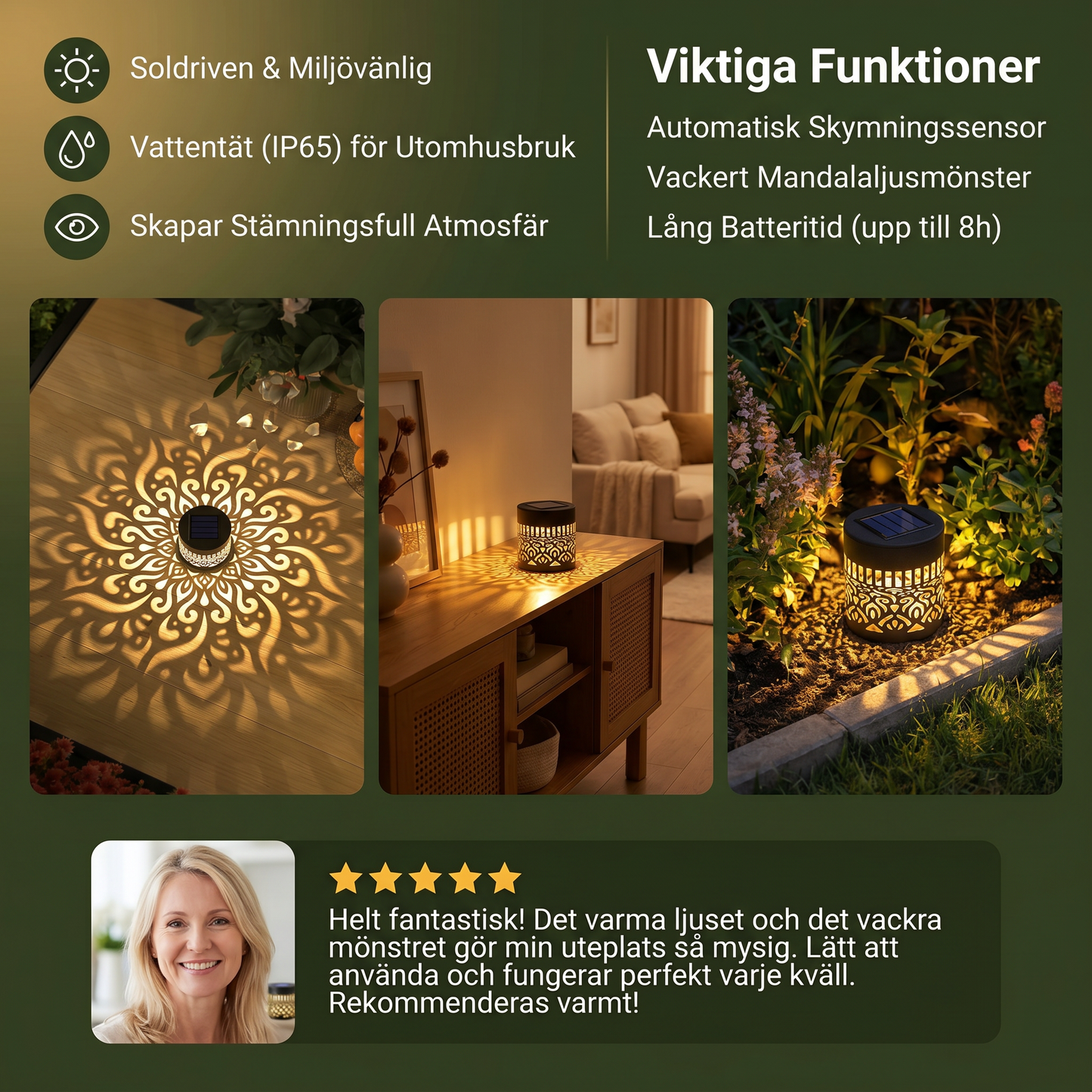 Färgglad soldriven mandala-trädgårdslampa – vattentät LED-väggprojektionslykta för utomhusbruk