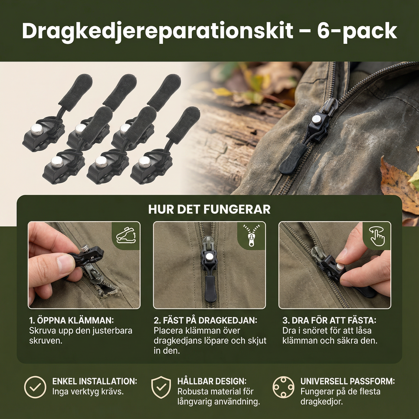 Dragkedjereparationskit – 6-pack