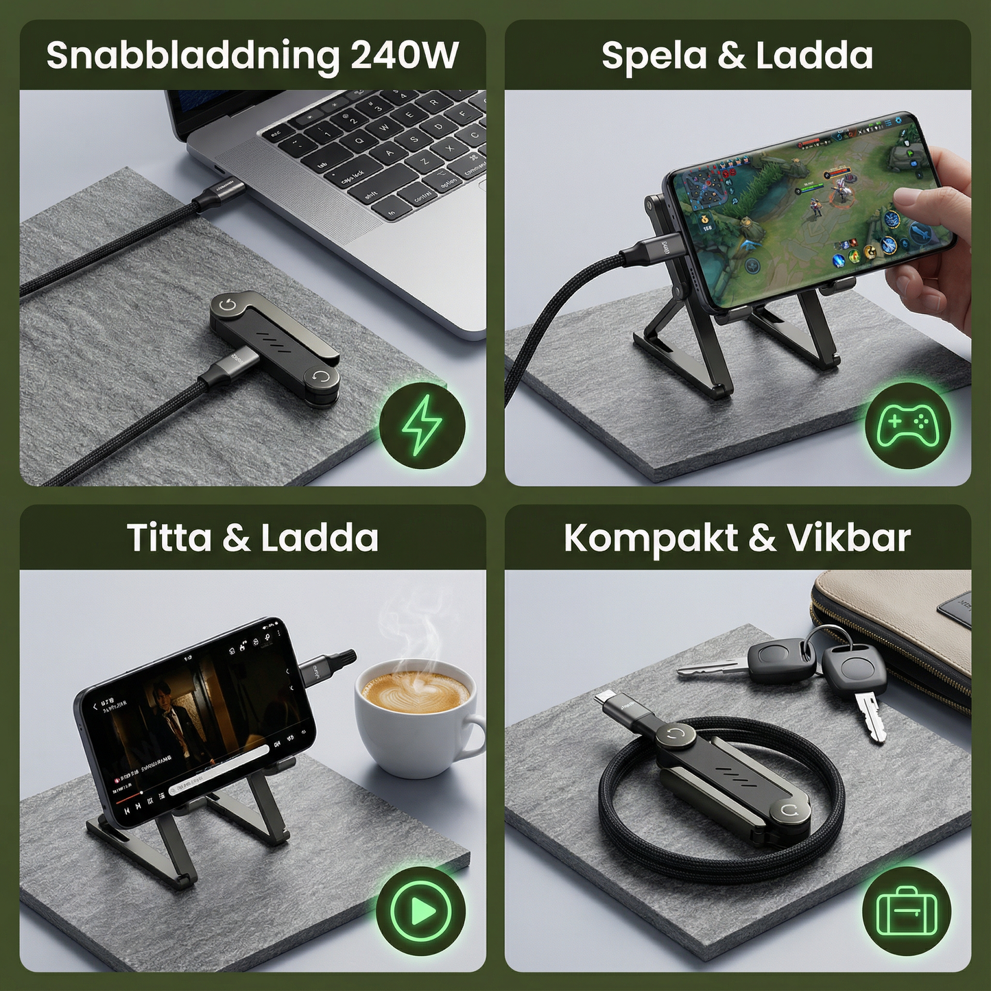 2-i-1 vikbar snabbladdningskabel och telefonställ