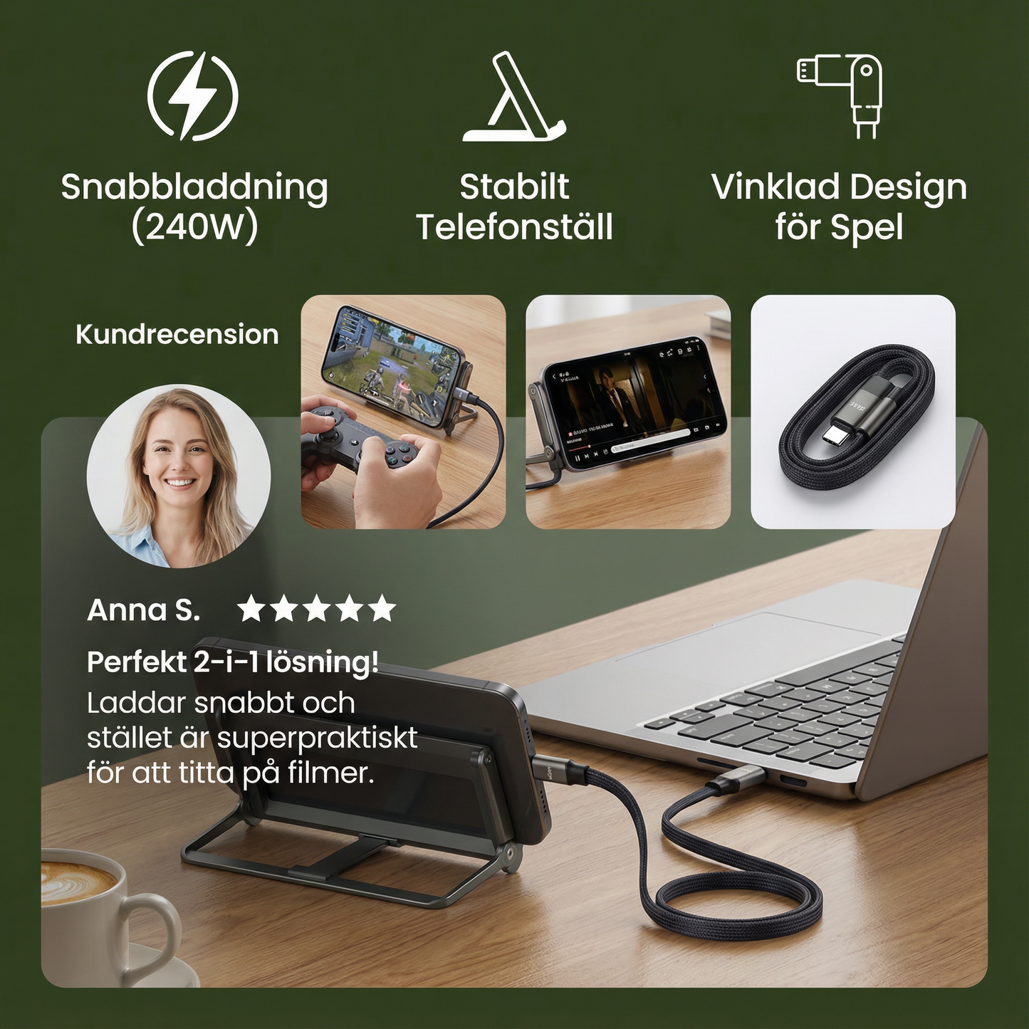 2-i-1 vikbar snabbladdningskabel och telefonställ